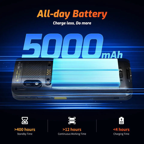Q900 Android 14 Handheld Barcode Scanner Mobile Computer 5000mAh battery specs shown with charging and working times.