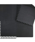 Interlocking Gym Floor Tiles 12 Pack Black Foam Mats For Home Gym And Garage, 23.6 By 23.6 Inch, Three Eighths Inch Thick, With End Borders, Covers 48 Sq Ft For Floor Workouts, showing tile layout.