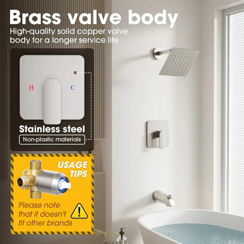 Deadly Slick Brushed Nickel Shower Faucet Set With Solid Brass Rough In Valve And Ceramic Disc Cartridge Featuring Killer High Flow Six Inch Tub Spout Plus Top Shelf High Pressure Showerhead For Zero Hassle Bathroom Refresh