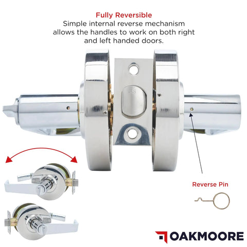 Front view of chrome commercial door handle and bathroom door lock with vacant occupied indicator for public restrooms in industrial buildings.