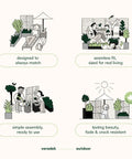 Illustrated guide showing benefits of patio must have weatherproof umbrella side table with hole durable plastic stone combo.