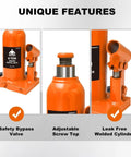 6 Ton Hydraulic Bottle Jack For Auto And Truck Repair Heavy Duty Workhorse With Adjustable Height From 7.28 To 14.17 Inches 12000 Lb Capacity Lightweight 7.94 Lb Safety Oil Bypass Orange Finish with safety features highlighted