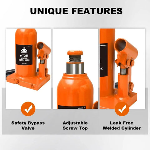 6 Ton Hydraulic Bottle Jack For Auto And Truck Repair Heavy Duty Workhorse With Adjustable Height From 7.28 To 14.17 Inches 12000 Lb Capacity Lightweight 7.94 Lb Safety Oil Bypass Orange Finish with safety features highlighted