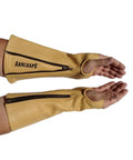 Heavy Duty Genuine Cowhide Arm Chaps And Rugged Protective Work Sleeves Built To Block Cuts Scratches And Bruises At Outdoor Jobs, tan leather sleeves with zip.