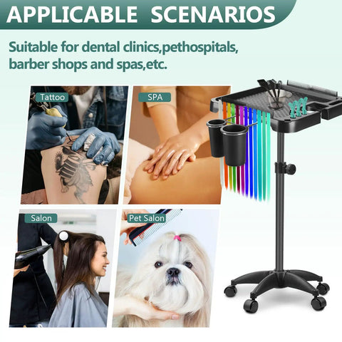 Mobile Salon Rolling Tray Cart With Height Adjustable Stand And Large Magnetic Hair Tool Storage Platform Easy Glide Hairdressing Trolley On Wheels Black next to images of tattooing, spa, salon, and pet salon.