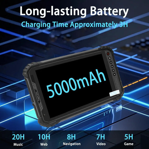 8 Inch Rugged Tablet With Docking Station Windows 11 Intel N5100 Chip 8GB Ram 256GB SSD IP65 Waterproof showing 5000mAh battery life details.