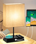 USB Table Lamp With Wireless Charging And USB C Port, 3 Way Dimmable Bedside Lamp With USB Port And AC Outlet, touch control