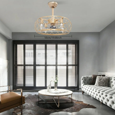 Ceiling Fan with Light Remote 3-Speed Quiet Brushless Motor Timer 50cm in a modern living room with a gold design.