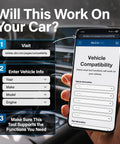 Smartphone showing vehicle compatibility check for Bluetooth OBD2 Scanner With Live Data Code Reader And Battery Charging System Test