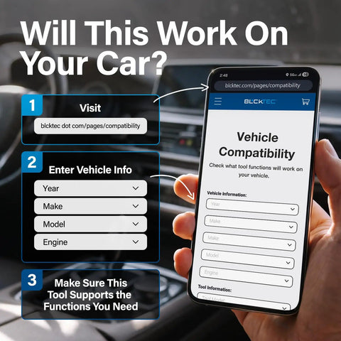 Smartphone showing vehicle compatibility check for Bluetooth OBD2 Scanner With Live Data Code Reader And Battery Charging System Test