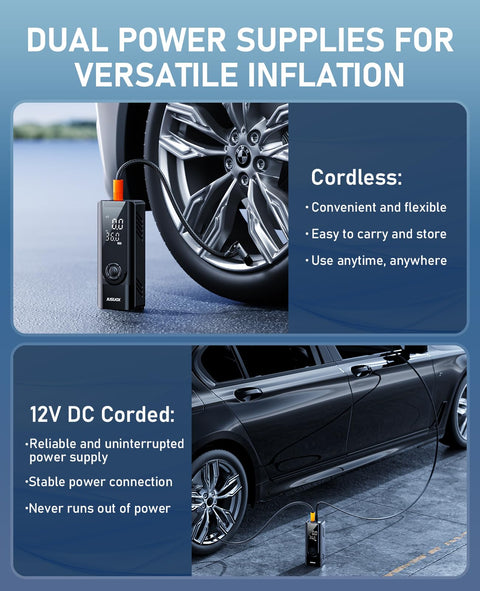 Portable Tire Inflator And Air Compressor With Dual Power Battery And 12V DC Car Bike Motorcycle Pump 150 PSI Cordless