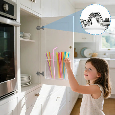 Kitchen cupboard open with child, showing 10 Pack 1 3/8 Inch Cabinet Hinges With Soft Close For Kitchen Cupboards Concealed Insert Doors Easy Install 90 to 110 Degree Angles