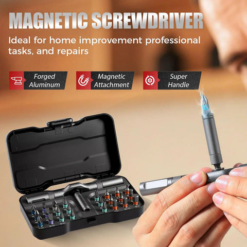 Hardcore 24 In 1 Magnetic Screwdriver Set And Portable Ratchet Kit With Swappable Multi Bits For Appliance Mods and Workshop Grinds, showing magnetic screwdriver with swappable bits.