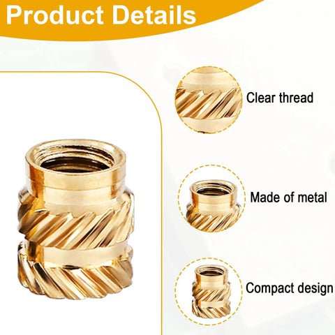 1/4-20 Brass Heat-Set Threaded Inserts For 3D Printing, 32 Pack, close-up of brass metal insert showing threading and compact design