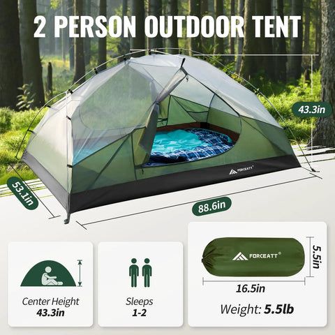 2 Person Waterproof And Windproof Camping Tent For 3 To 4 Seasons With Lightweight Aluminum Poles Fast Setup And Compact Backpacking Design Perfect For Hiking Outdoor Adventures And Backpack Trips in forest with dimensions highlighted