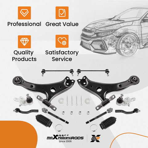 Front view of maXpeedingrods 14-piece front lower control arm kit for Toyota Camry 2007–2011, two black arms.