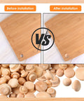 Wood Hole Plugs Set 150 Pcs Four Sizes Three Sixteenth Inch Five Sixteenth Inch Three Eighth Inch One Half Inch Mushroom Head Button Plugs for Furniture Cabinets Doors and Tubes Finishable and Stainable to Match Wood Color before and after installation comparison