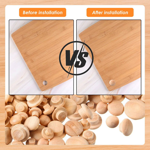 Wood Hole Plugs Set 150 Pcs Four Sizes Three Sixteenth Inch Five Sixteenth Inch Three Eighth Inch One Half Inch Mushroom Head Button Plugs for Furniture Cabinets Doors and Tubes Finishable and Stainable to Match Wood Color before and after installation comparison
