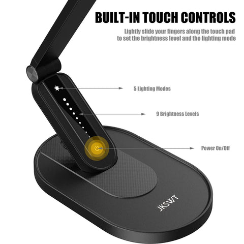 LED Desk Lamp With Eye Caring Light 72 LEDs 9 Brightness Levels 5 Color Modes USB Charging Touch Control And Memory 10W Reading Light For Your Home Office Black showing touch controls