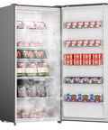Massive Convertible Upright Freezer And Refrigerator Combo, 21.2 Cubic Feet Stainless Steel Build, Hella Quiet Operation, Energy Star Certified showing frozen meats and desserts.