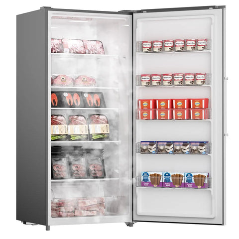 Massive Convertible Upright Freezer And Refrigerator Combo, 21.2 Cubic Feet Stainless Steel Build, Hella Quiet Operation, Energy Star Certified showing frozen meats and desserts.