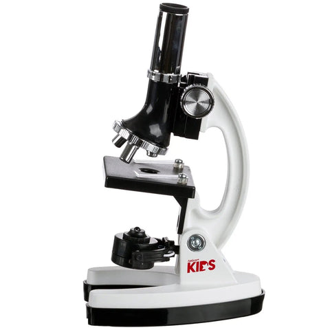 Rock Solid 1200X Monocular Compound Microscope With Killer LED Lighting And A Straight Up 52 Piece Science Starter Kit For Students Crushing Biology And Chemistry Labs side view of microscope with coaxial focus knob