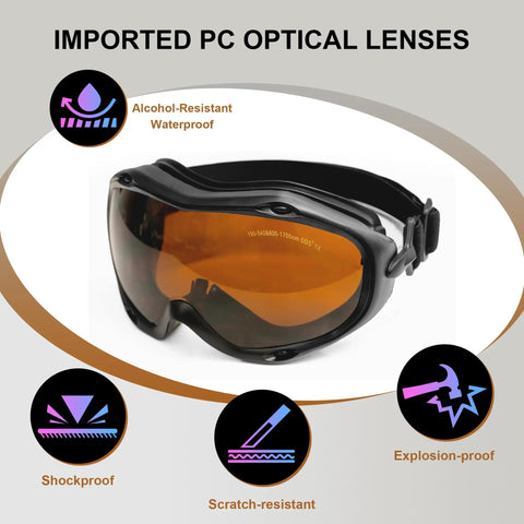 Laser Safety Goggles OD5Plus Eye Protection with imported PC optical lenses, shockproof and scratch-resistant, shown in black frame.