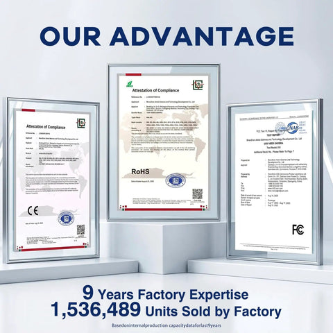 Certificates of compliance displayed in frames, showcasing product credibility for Next Gen 4K Webcam With Built In Mic For PC Streaming And Video Calls.