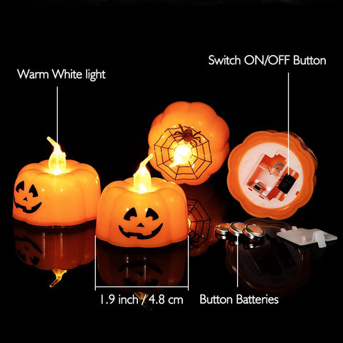 Lit Green LED Flameless Candles Pack 24 Pieces With Realistic Flicker Battery Powered Tea Lights featuring pumpkin design