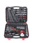 Premium Auto Combination Wrench Set Packing Slick Ratchet Pawl Sockets Hefty Spanner And Precision Screwdriver Bits For Your Garage Stash in a portable case.