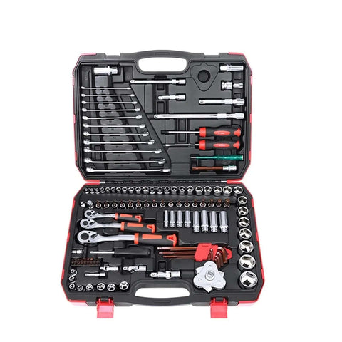 Premium Auto Combination Wrench Set Packing Slick Ratchet Pawl Sockets Hefty Spanner And Precision Screwdriver Bits For Your Garage Stash in a portable case.