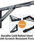 Heavy Duty Black Folding Shelf Brackets Wall Mounted Space Savers Steel Collapsible Supports Built Tough For Diy Workbench Desktop Kitchen Rack 330 Lb detailed views of durable cold rolled steel brackets.