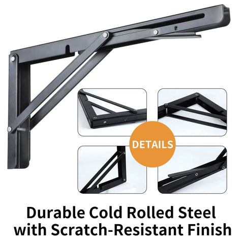 Heavy Duty Black Folding Shelf Brackets Wall Mounted Space Savers Steel Collapsible Supports Built Tough For Diy Workbench Desktop Kitchen Rack 330 Lb detailed views of durable cold rolled steel brackets.