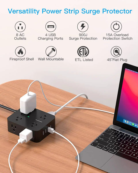 8 Outlet Power Strip With 4 USB Ports 5 Ft Flat Plug Wall Mount ETI Listed Black on desk with laptop and cables