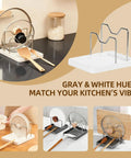 Handy Dandy Two In One Spoon Rest And Pot Lid Holder For Kitchen Counter featuring gray and white design with spoon and lid.