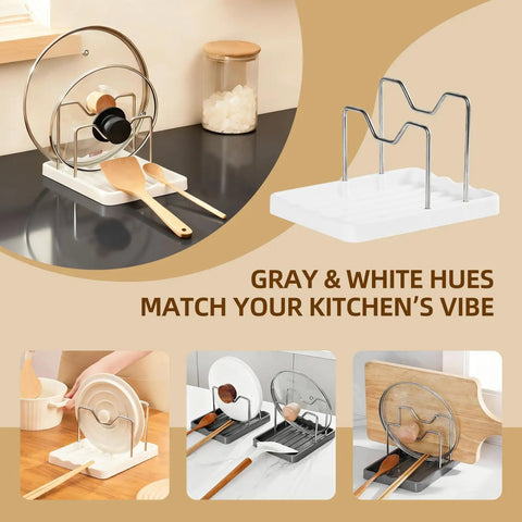 Handy Dandy Two In One Spoon Rest And Pot Lid Holder For Kitchen Counter featuring gray and white design with spoon and lid.