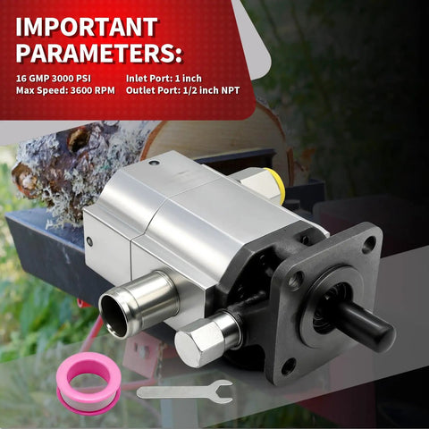 16GPM 2 Stage 3000 PSI Hydraulic Log Splitter Pump with aluminum gear drive shown with tools, used in wood splitting.