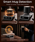 Keep Your Favorite Coffee Popping Hot All Day With Smart Infrared Mug Warmer Set, showing smart detection and temp control features.