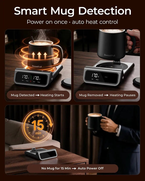 Keep Your Favorite Coffee Popping Hot All Day With Smart Infrared Mug Warmer Set, showing smart detection and temp control features.
