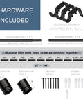 Adjustable 28 To 144 Inch Curtain Rod Set With 1 Inch Heavy Duty Aluminum Rails Nine Piece Sectional Rods And Finials Black Finish Outdoor Ready Farmhouse Style For Living Room Bedroom And Windows showing hardware components and assembly guide