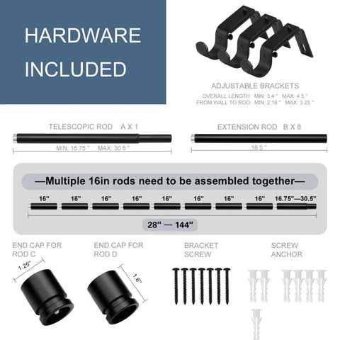 Adjustable 28 To 144 Inch Curtain Rod Set With 1 Inch Heavy Duty Aluminum Rails Nine Piece Sectional Rods And Finials Black Finish Outdoor Ready Farmhouse Style For Living Room Bedroom And Windows showing hardware components and assembly guide