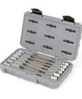 3/8 Inch Drive Long Torx Bit Socket Set 12-Piece T10 To T60 With S2 Steel Bits in a gray carrying case, open view
