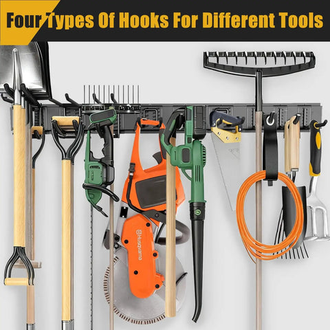 Heavy Duty Garage Wall Organizer With 700 Pound Capacity And 48 Inch Wide Wall Mount Tool Rack for garden tools and workshop items.