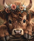 Highland cow with floral crown as seen in 5D Diamond Painting Kit For Adults Highland Cow Diamond Art For Beginners DIY Full Round Drill Paint By Diamonds Gem Art Chill Home Wall Decor 12X16 Inch.