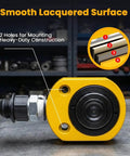 20 Ton Hydraulic Ram Jack With Low Profile Design, Multi Section Lift Cylinder, close-up view showing yellow body and two mounting holes