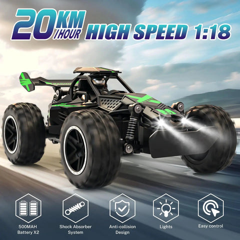 1 To 18 Scale Monster Dope RC Car For Kids Fast 20kmh Off Road Truck With Lights Durable ABS Chassis Green on road