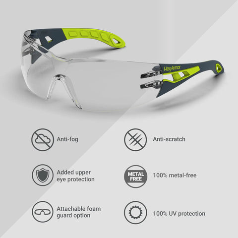 Clear Safety Specs With Anti Fog Coating Rimless Wraparound Lenses Scratch Resistant Metal Free ANSI Z87 Certified 100 Percent UV Protected Unisex Eyewear For Men And Women All Day Comfort And Wide Field Of Vision