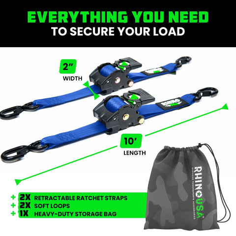 Heavy Duty Retractable Ratchet Straps 2 Inch By 10 Feet, 3033 Pound Break Strength, 2-Pack Self Retracting Tie Down Straps For Truck and Bag