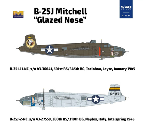 1/48 US Military B-25J Mitchell Glassnose Plastic Model Kit with 249+ Parts, side profiles of WWII bombers for detailing.