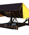 Heavy Duty Steel Electric Hydraulic Dock Leveler with automatic lip deploy, 7X8 foot platform, yellow safety features.